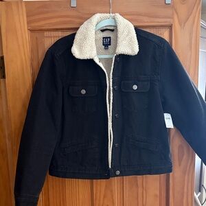 GAP Black Denim Jacket with White Sherpa Collar